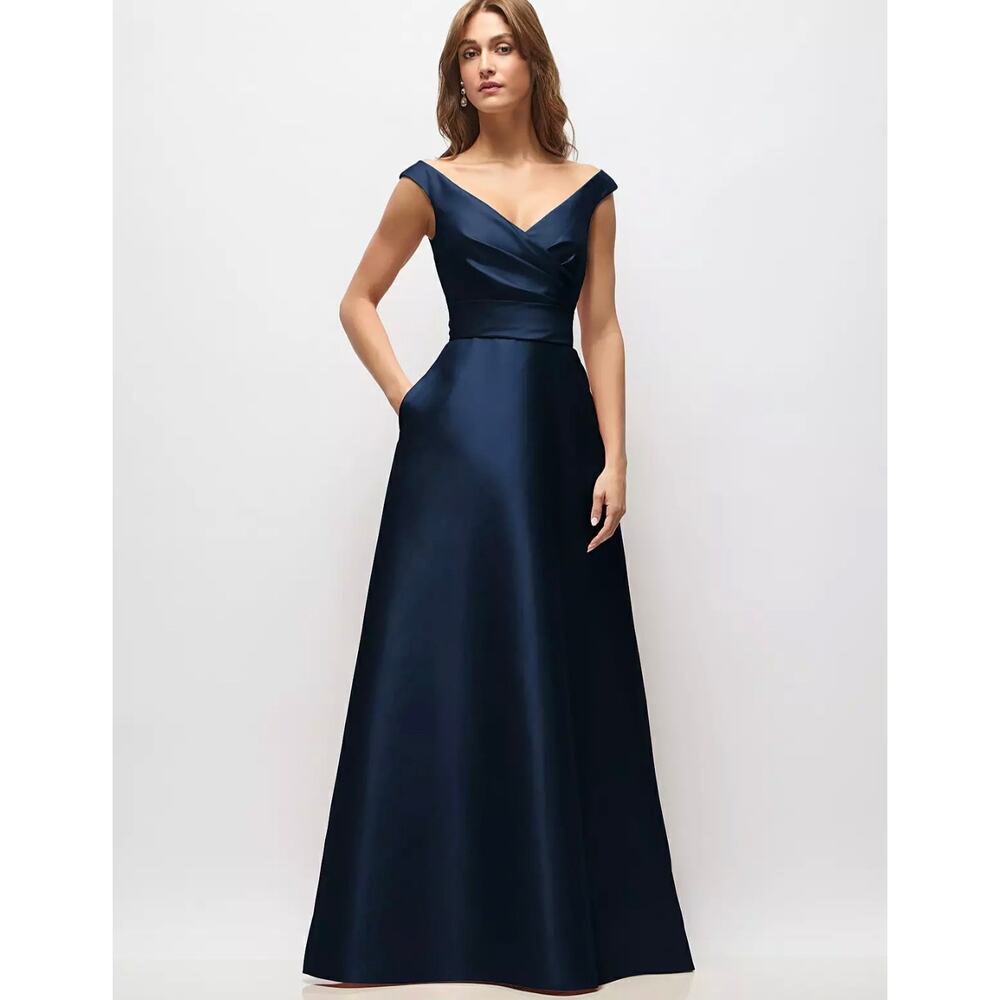 NWT Alfred Sung Off The Shoulder Draped Wrap Satin Maxi Dress Midnight Navy 4R